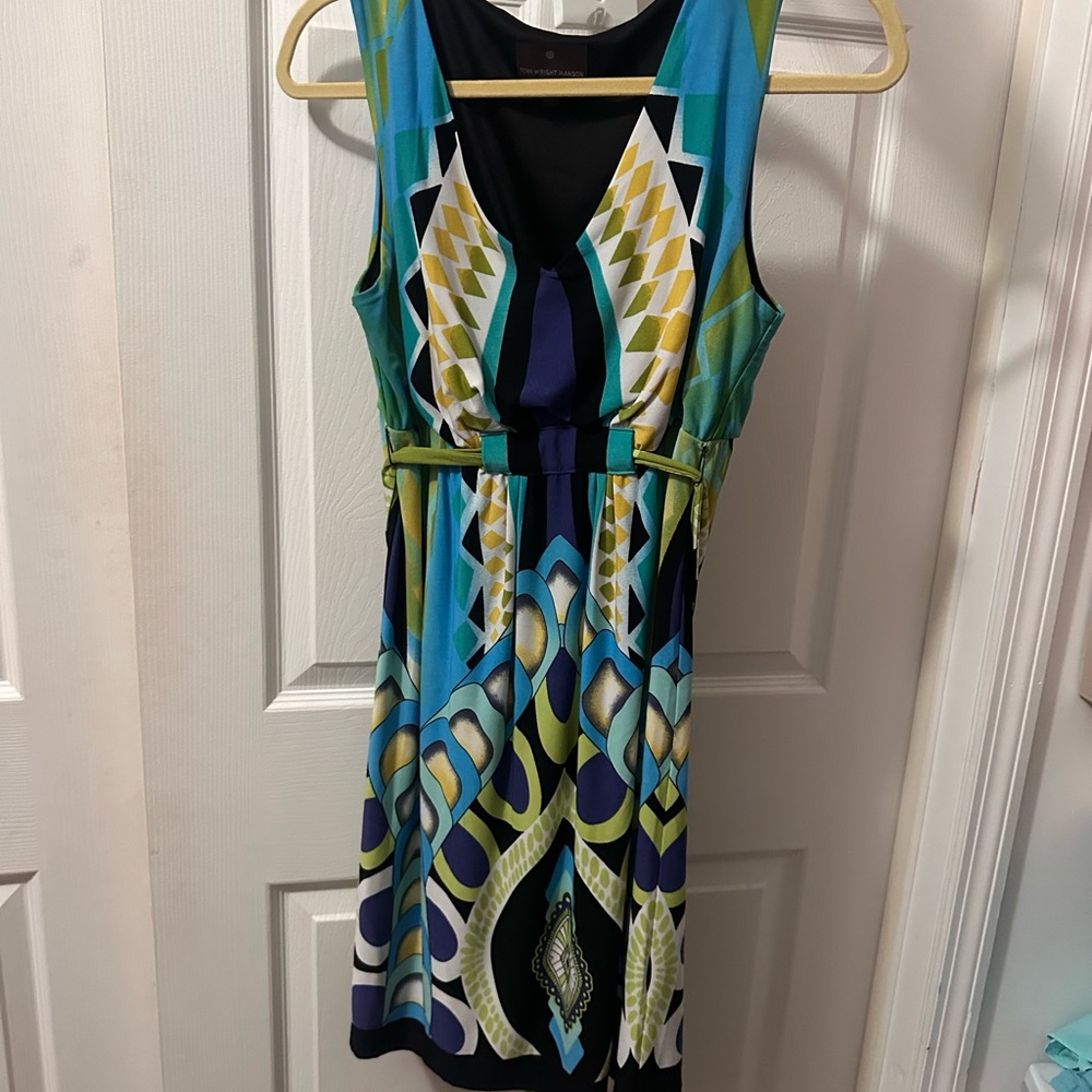 Fenn Wright Manson Blue and Green Geometric Midi Dress